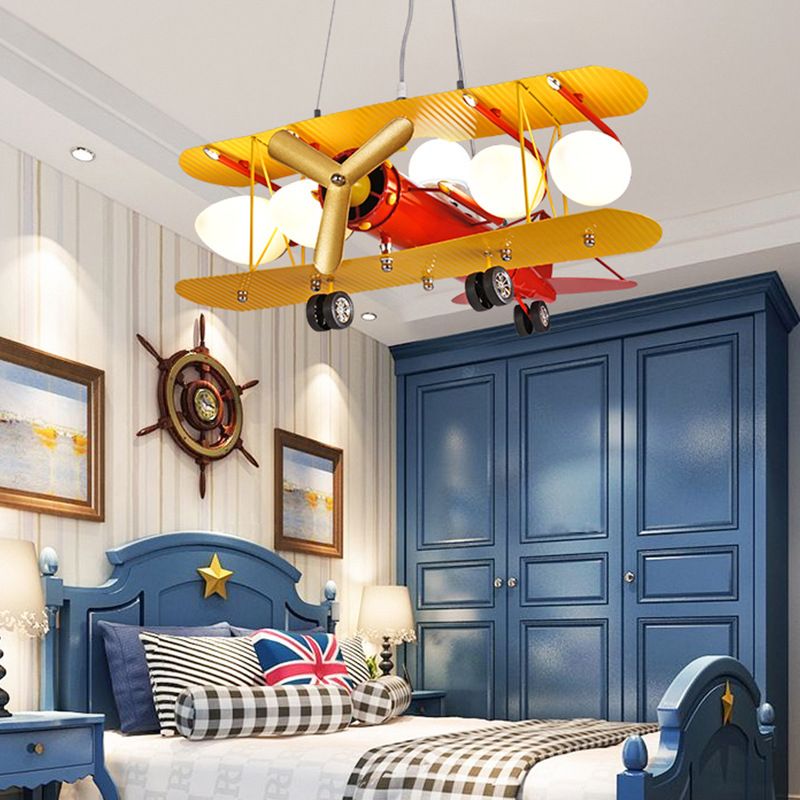 Yellow Plane Shaped LED Ceiling Lighting Cartoon Metal Chandelier Light Fixture with Frosted Glass Shade