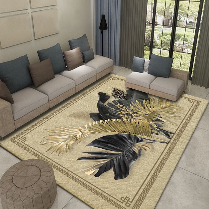 Gray Modern Rug Polyester Leaves Rug Non-Slip Backing Rug Washable for Home Decor