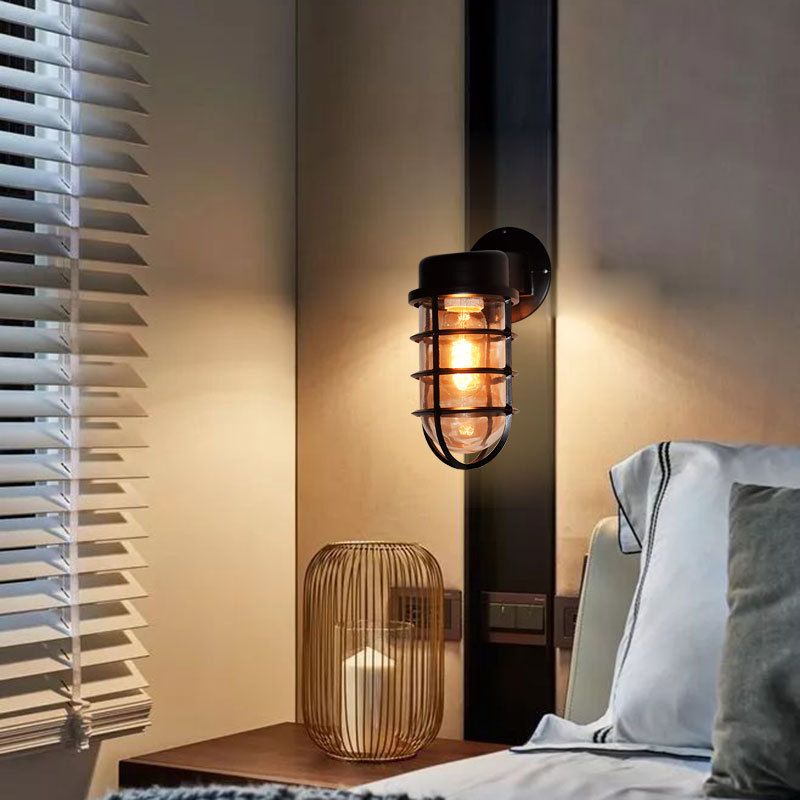 Caged Lantern Industrial Style Wall Light Clear Glass 1-Light Outdoor Wall Mount Light