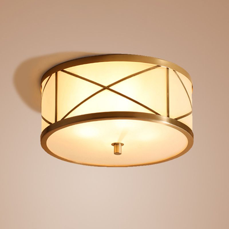 Simplicity Drum Flushmount Lighting Opal Glass Ceiling Mounted Fixture with X Brace in Brass