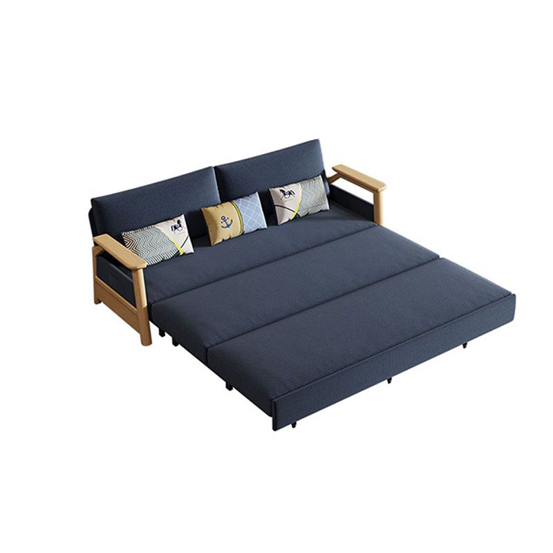 Contemporary Blue Futon Sleeper Sofa Bed with Wooden Square Arms