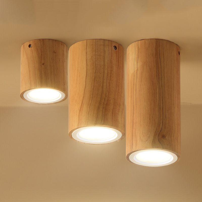 Lámpara empotrada cilíndrica de madera estilo asiático, montaje empotrado en color beige para comedor