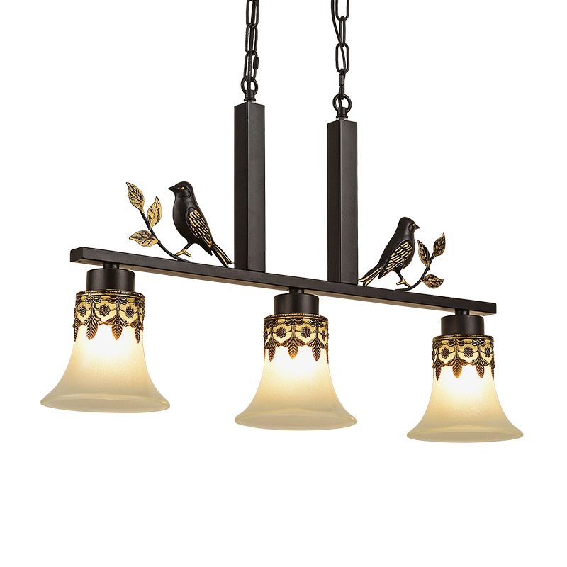Opal Frosted Glass Flared Island Light Fixture Rustic 3-Light Dining Room Pendant with Bird Decoration in Black
