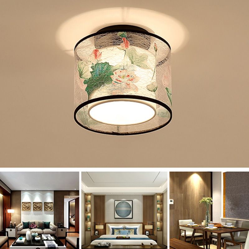 Square/Round Flush Mount Light Fabric Shade Chinese Style Flush Ceiling Light