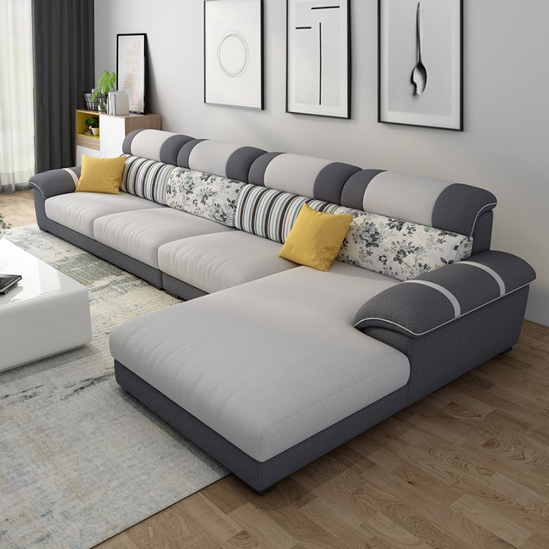 Cushion Back Contemporary Chaise Cotton 4-Seater Modular Sofa