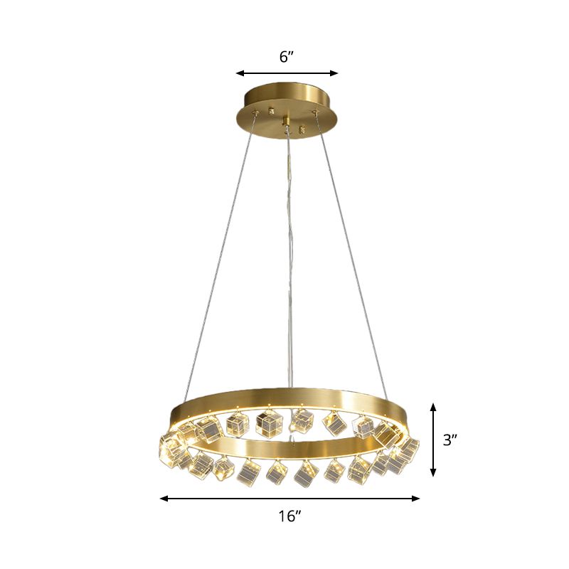Loop Kitchen Dinette Chandelier Minimalistic Metal Gold Finish LED Pendant Light with Dangling Crystal Cube