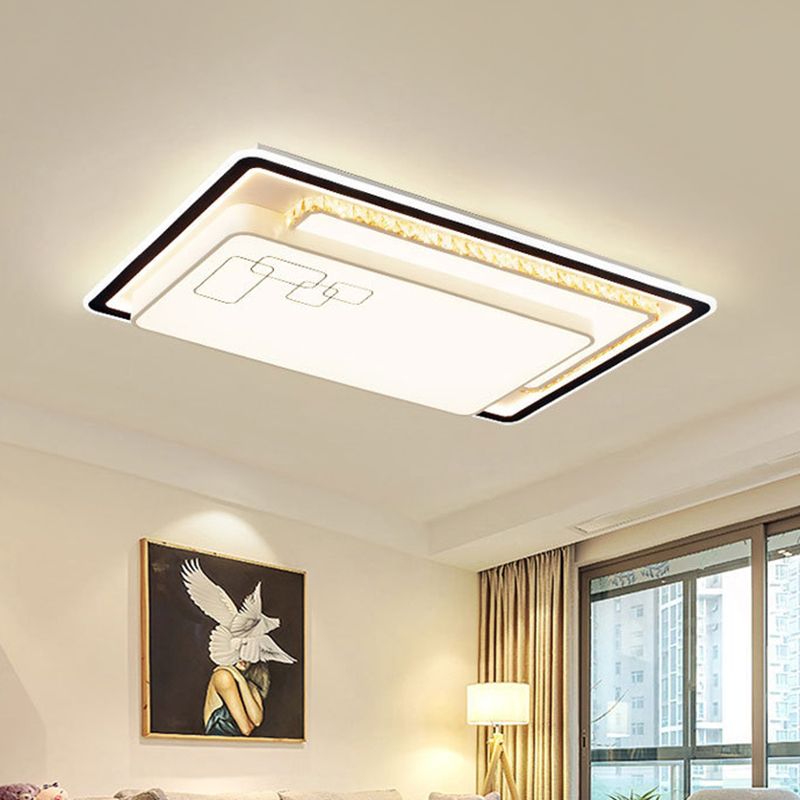 Oversized Rectangle LED Flush Mount Lamp Modern White Acrylic Ceiling Lighting with Crystal Accent, Warm/White Light