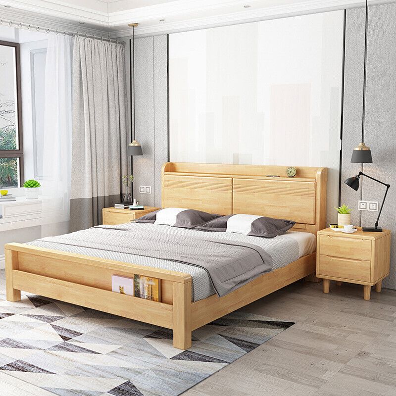 84.65 inch Wide Traditional Panel Bed Rubberwood Bed Frame with Headboard