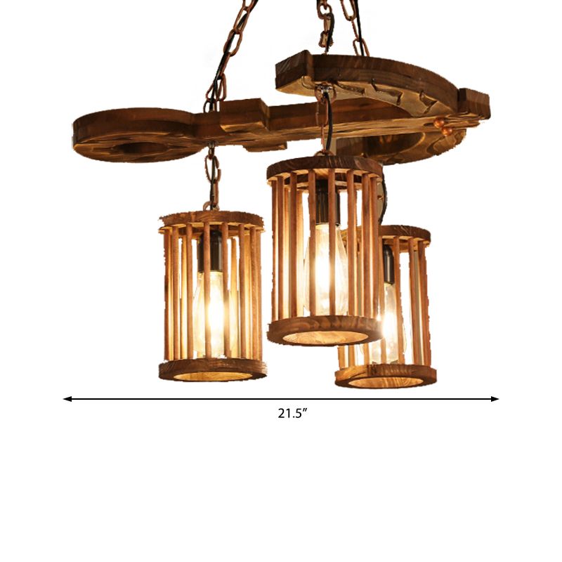 Cylinder Shade Wood Light Chandelier Industrial 3-Light Dining Dining Room Pendant Lighting with Chain