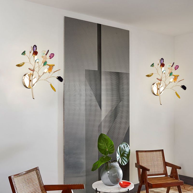 Metallic Branch Wall Lighting Fixture Lodge Style 2 Lights Sconce Light with Multi Colored Crystal Deco in Gold Finish