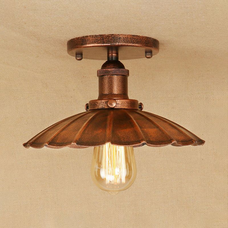 1 Head Fer Semi-Flush Light Antique Style Rust / Black Scalloped Shade Balcony Semi Flush Mount Lighting