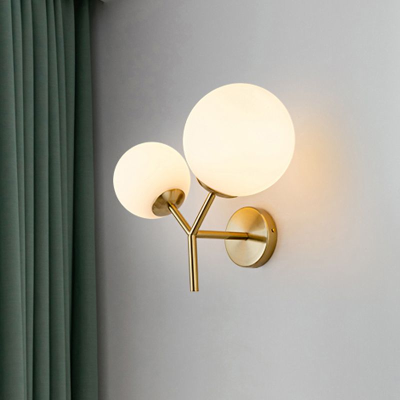 White Glass Spherical Sconce Contemporary 2 Heads Wall Mounted Light Fixture in Gold