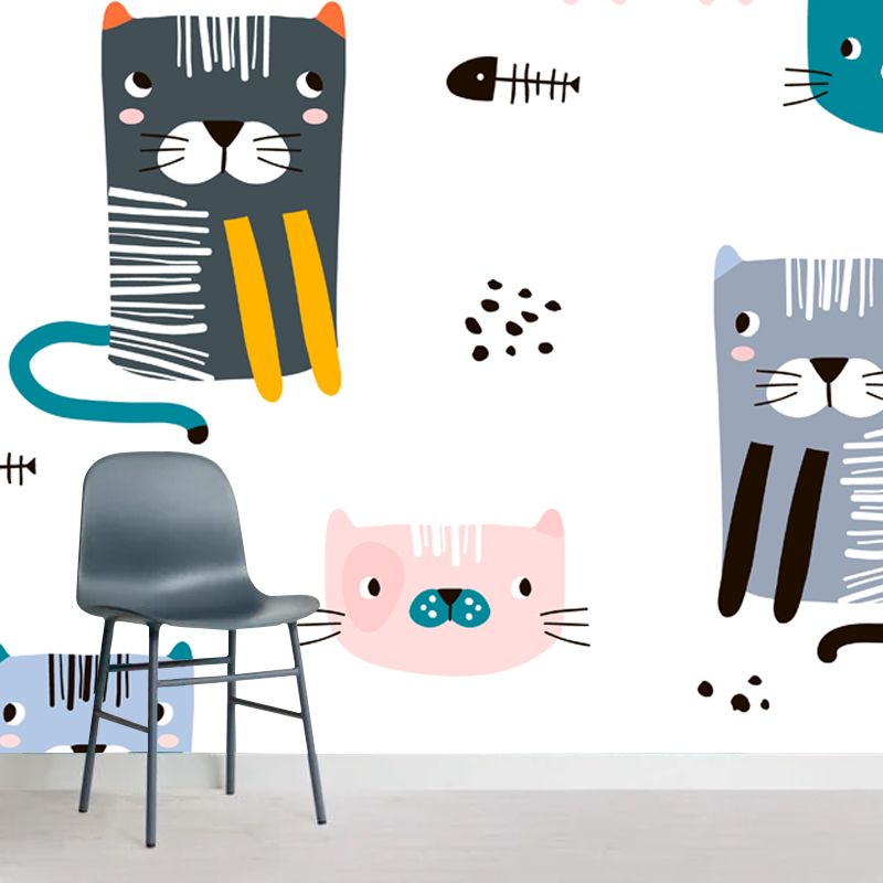 Cat with Fish Bone Mural Childrens Art Washable Bedroom Wall Decoration, Custom Made