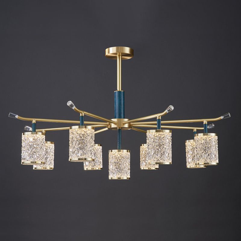Diner Chandelier Modern Brass Pendant Light with Cylindrical Rippled Glass Shade