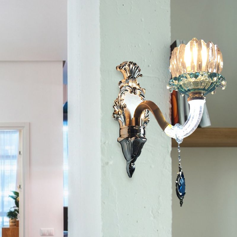 Clear Crystal Blossom Wall Sconce 1 Bulb Living Room Wall Lighting Fixture in Gold with Curved Arm