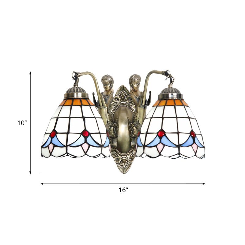 Mermaid Metal Wall Light Baroque 2-Head White/Blue Sconce with Domed Stained Art Glass Shade