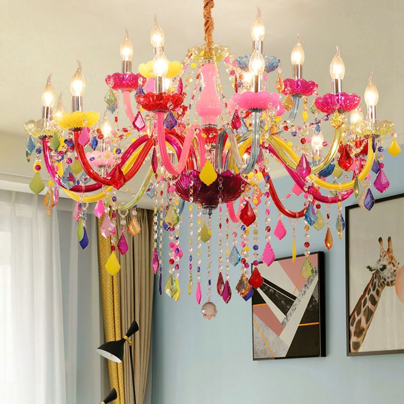 Colorful Candlestick Suspension Lighting Macaron Style Chandelier for Living Room