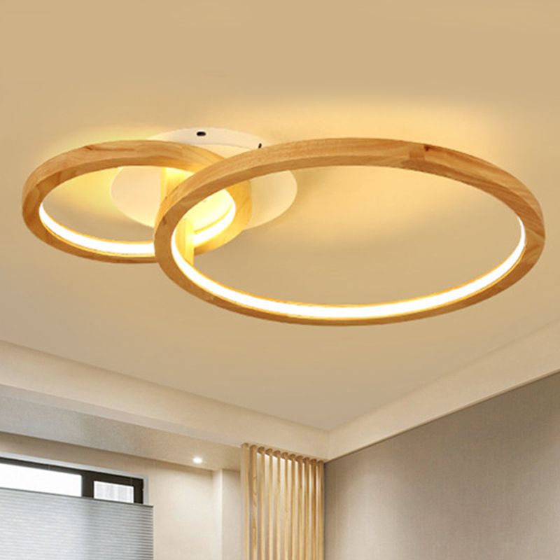 2-Tier Ring Wood Semi Flush Lamp Modern Led Brown Flush Semi Ceiling Light for Bedroom in Warm Light, 21.5"/28" Wide