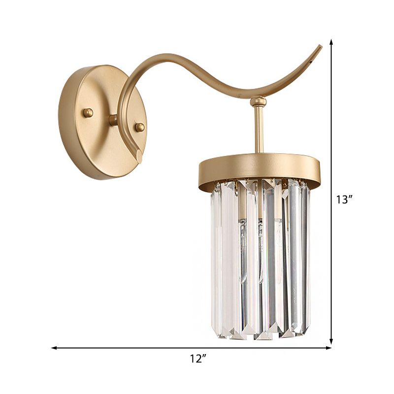 Curved Metal Wall Sconce Lamp Modernist 1 Head Brass Finish Wall Light Fixture with Clear Crystal Block