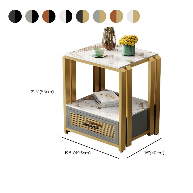 Frame Glam Style Side Table 21.6" Tall Stone Top Side Table with Storage