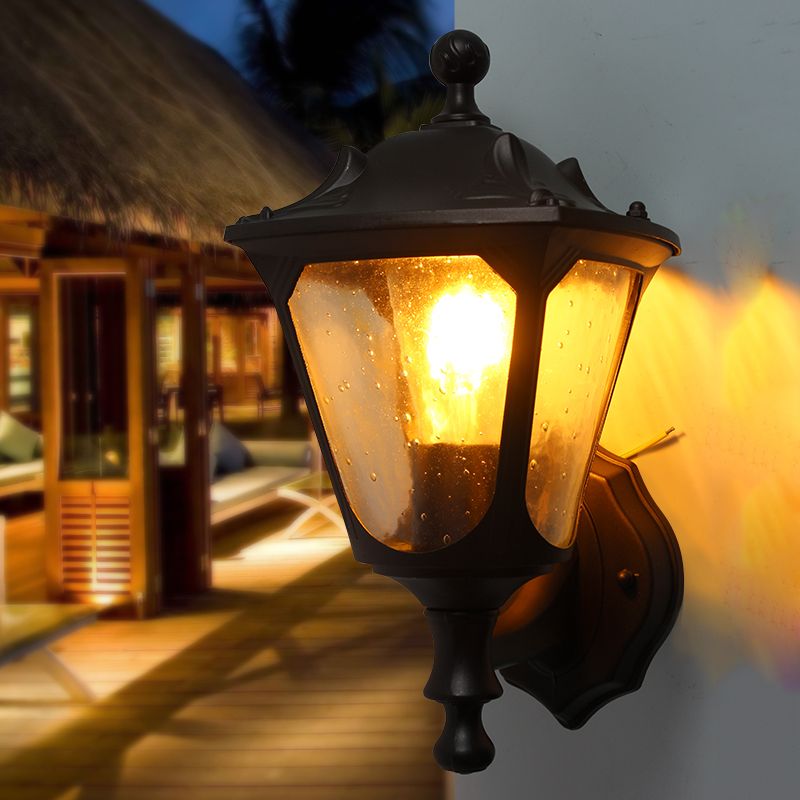 Lantaarn Buitenwandverlichting Makebestand Landelijke stijl Duidelijke bellenglas 1-Hoofd Black Surface Wall SCONCE