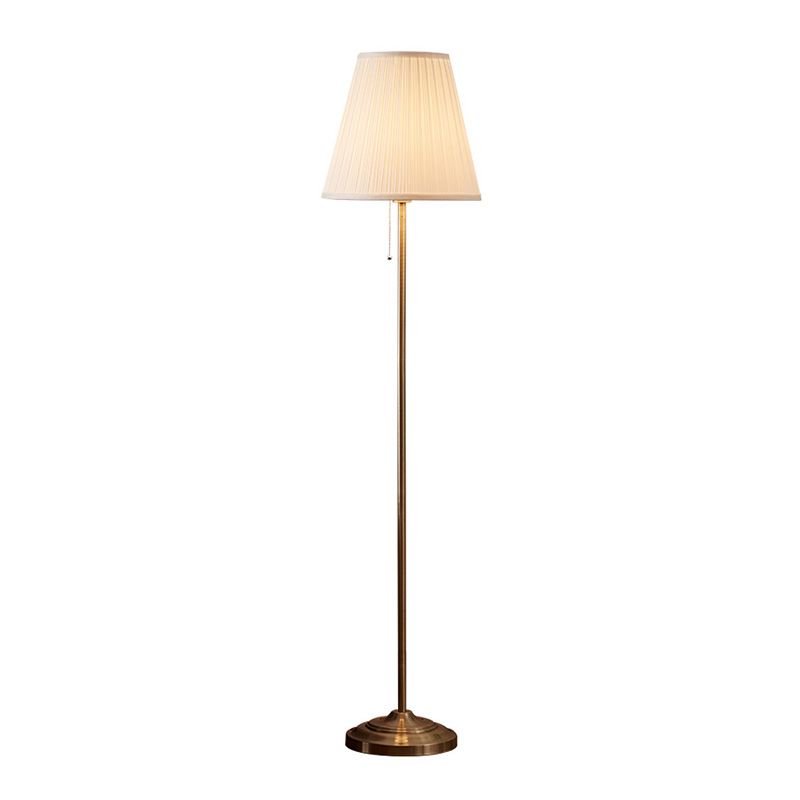 Brown Pleated Shade Standing Light Vintage Fabric 1 Head Living Room Floor Lamp with Pull Chain