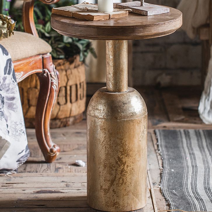 French Country Wood Round Top Side Table Iron Pedestal End Table