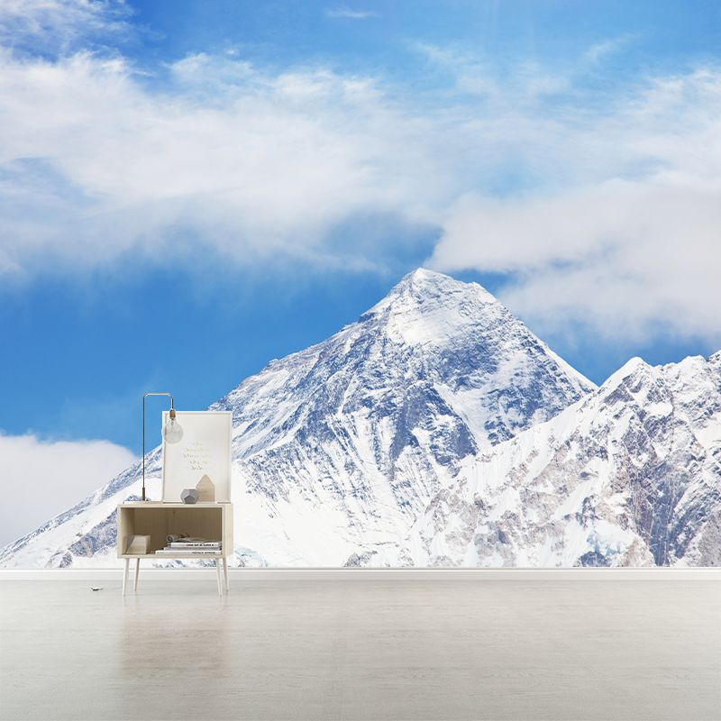 Sun Above Snowy Peak Mural in Blue-White Modernism Wall Art for Living Room, Non-Woven