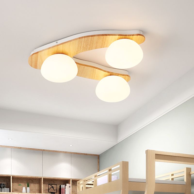 Modern 3-Light Ceiling Lighting Wood Beige Tree Fork Flush Mount Light with Ball White Glass Shade