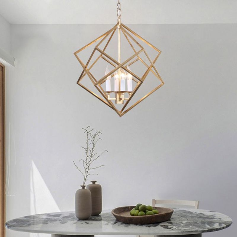 4 Lights Metal Pendant Chandelier Classic Gold Rhombus Living Room Hanging Ceiling Fixture with Candle Shade