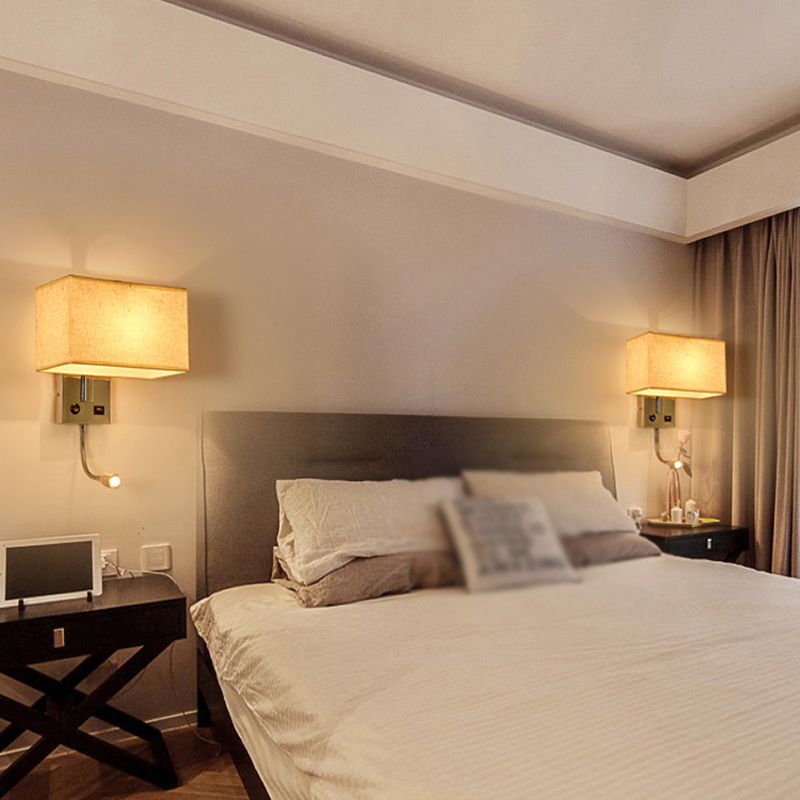 Adjustable Modern Metal Wall Sconce Rectangle Wall Light with Fabric Shade for Bedroom