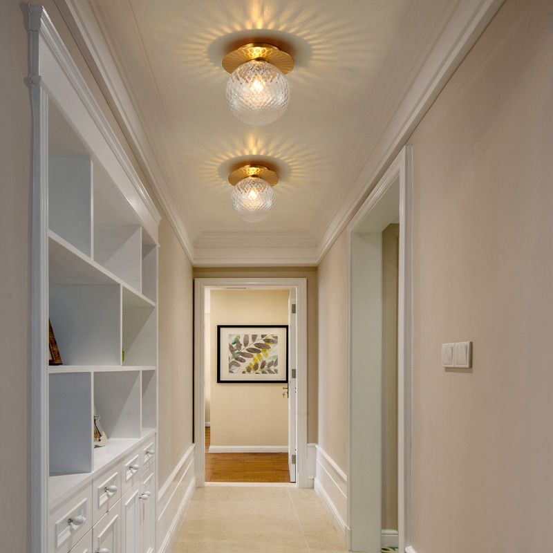 Modern Concise Indoor Flush Mount Copper Globe Ceiling Fixture with Ripple Glass Shade