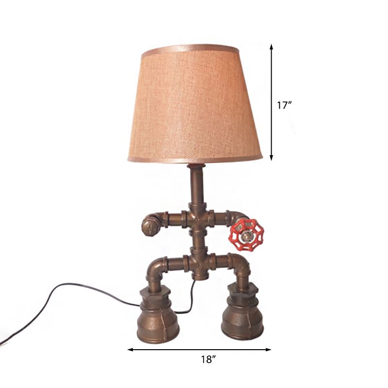 Lampada da tavolo conica in tessuto Illuminazione da tavolo da ristorante vintage elegante a 1 luce con tubo dell'acqua in bronzo