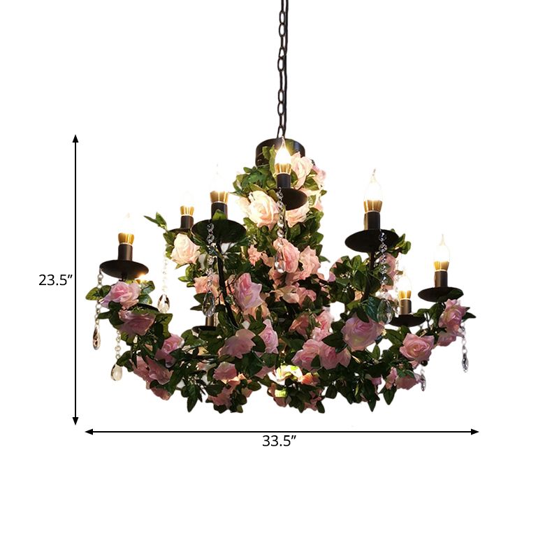 Lampadella a soffitto a 10 bulboni Candelabro antichissimi ciondoli in metallo con goccia di metallo con rosa/viola e rosso fiore falso deco