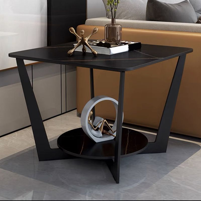 Modern Style Metal Iron Black Base Slab Top with Storage Rack Round Side Table