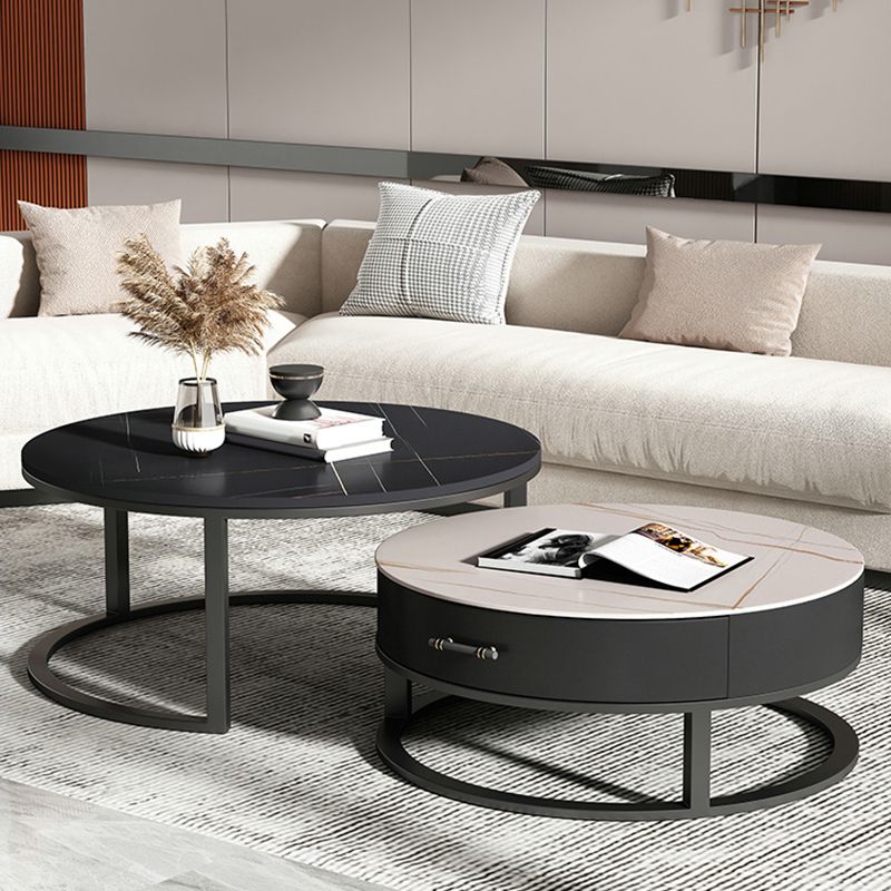Round Slate Top Coffee Table Set Frame Cocktail Table with Storage Drawers