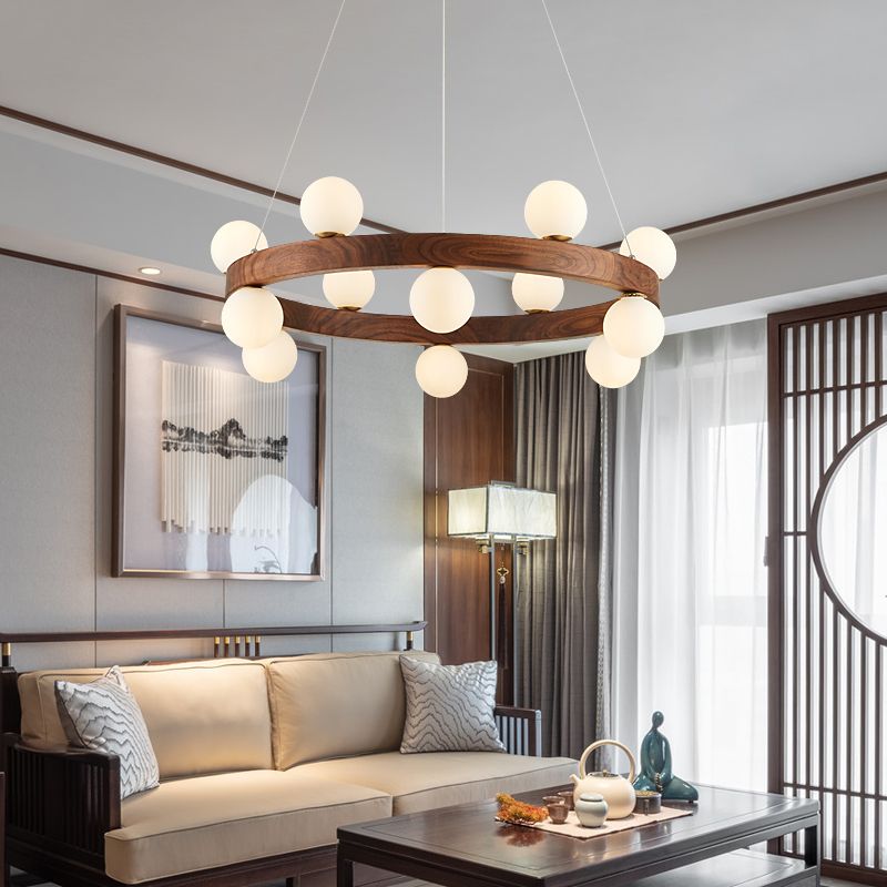 Contemporary Wood Hanging Light Fixtures Rounded Chandelier for Dining Room