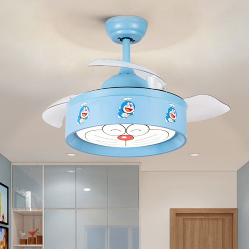 Ventilador de techo de dormitorio LED de 36 "W Luce Niños Pink/Blue 3 Lámpara de semi Flush Lámpara con tono de metal de tambor Patrón de gato de dibujos animados