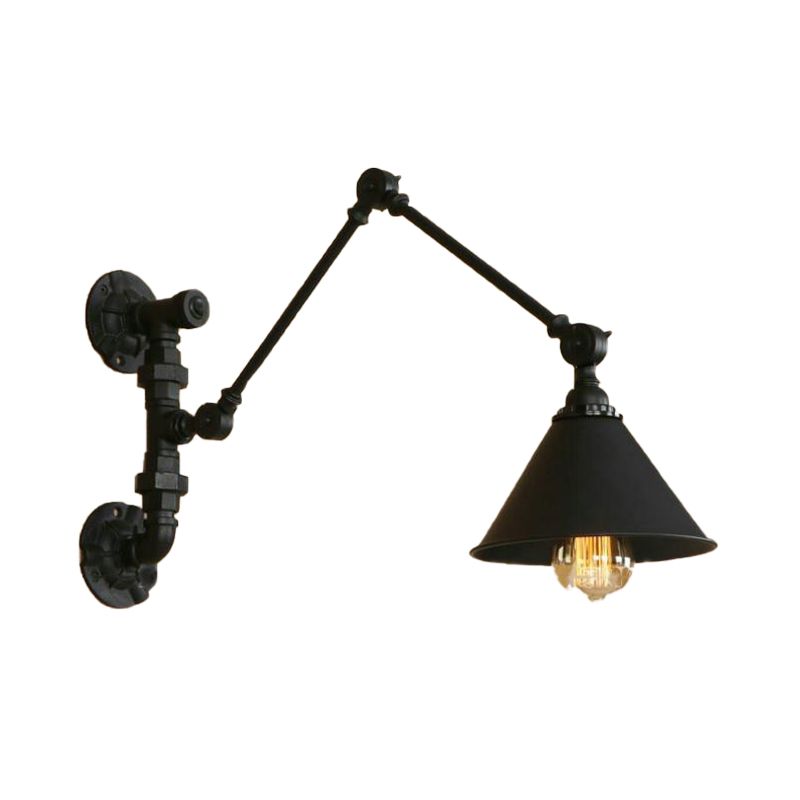 Swing Arm Bedroom Wall Sconce Industrial Metal 1 Light Black Wall Mount Light with Cone Shade, 7"/8.5" Wide
