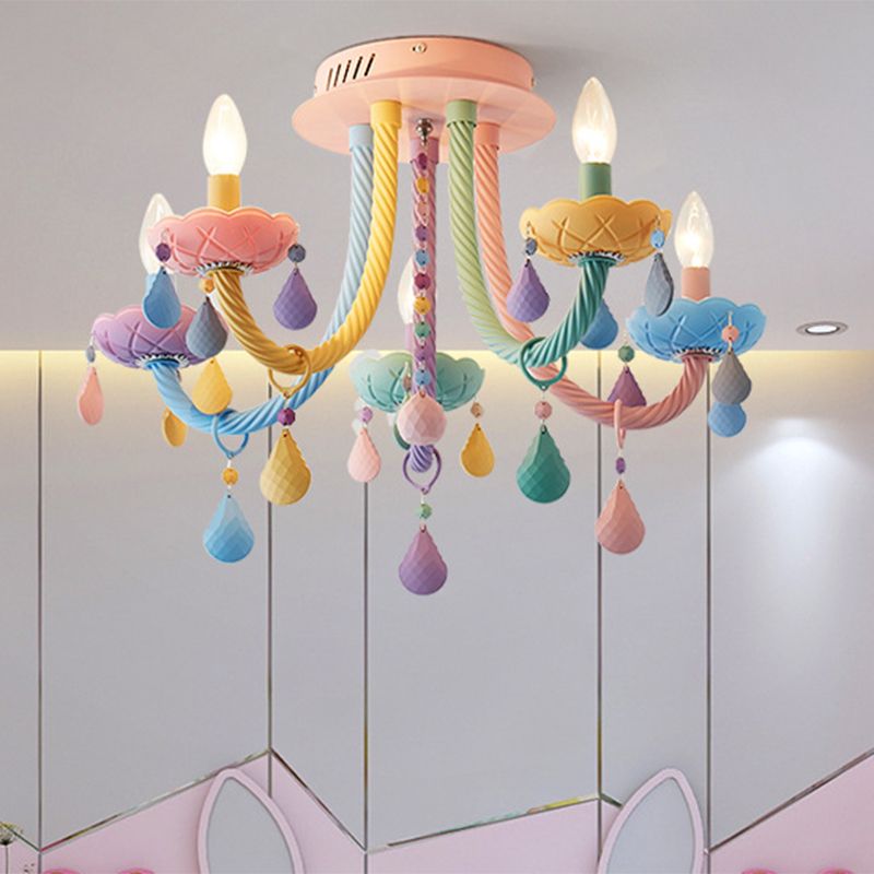 Candélabre pour chambre à coucher, montage semi-encastré en métal, 5/6 lumières, macaron proche des plafonniers, bleu-rose-jaune