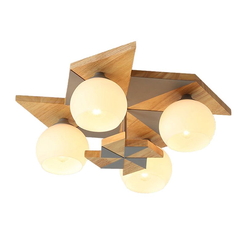 Plafonnier globe créatif moderne en bois à 4 lumières avec abat-jour en verre