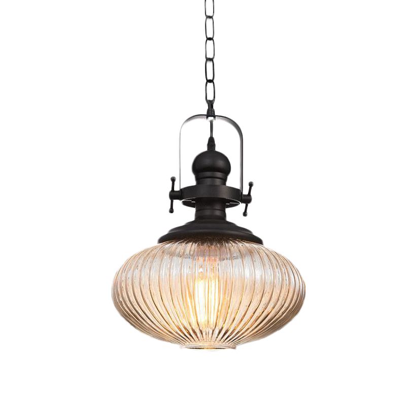 Ovale/Drum Clear Ribbed Glass Pendant Vintage 1 Head Bistro Hanging Ceiling Light in Black