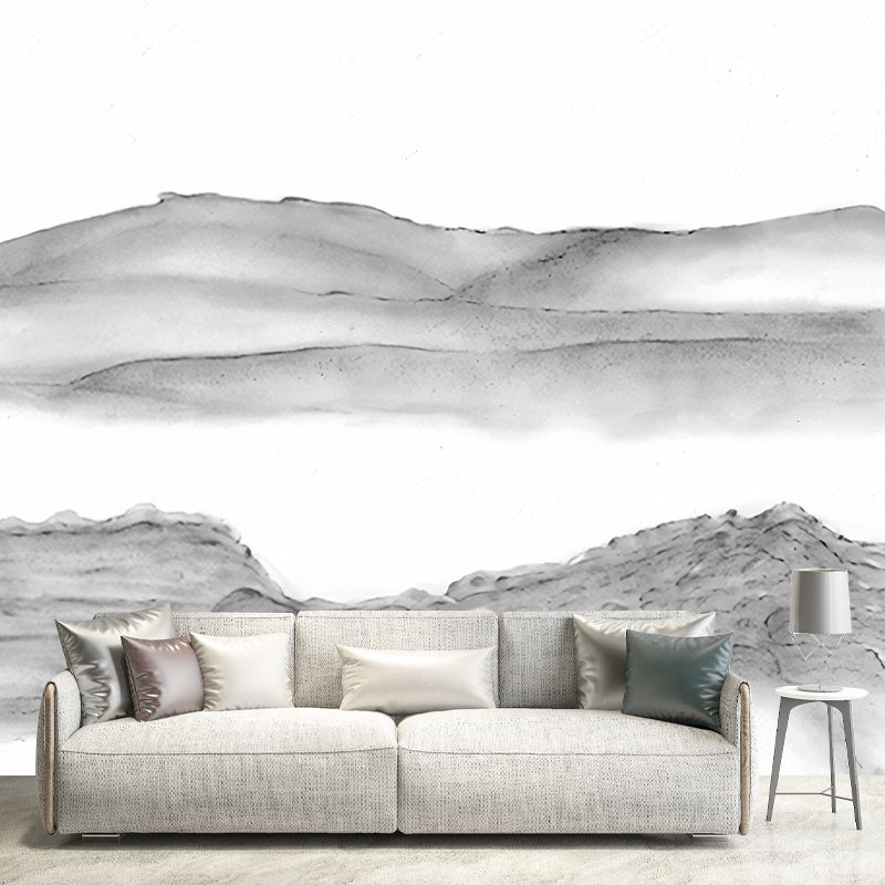 Minimalist Mountains Drawing Mural Decal Grey and White Dining Room Wall Art, Custom Printed