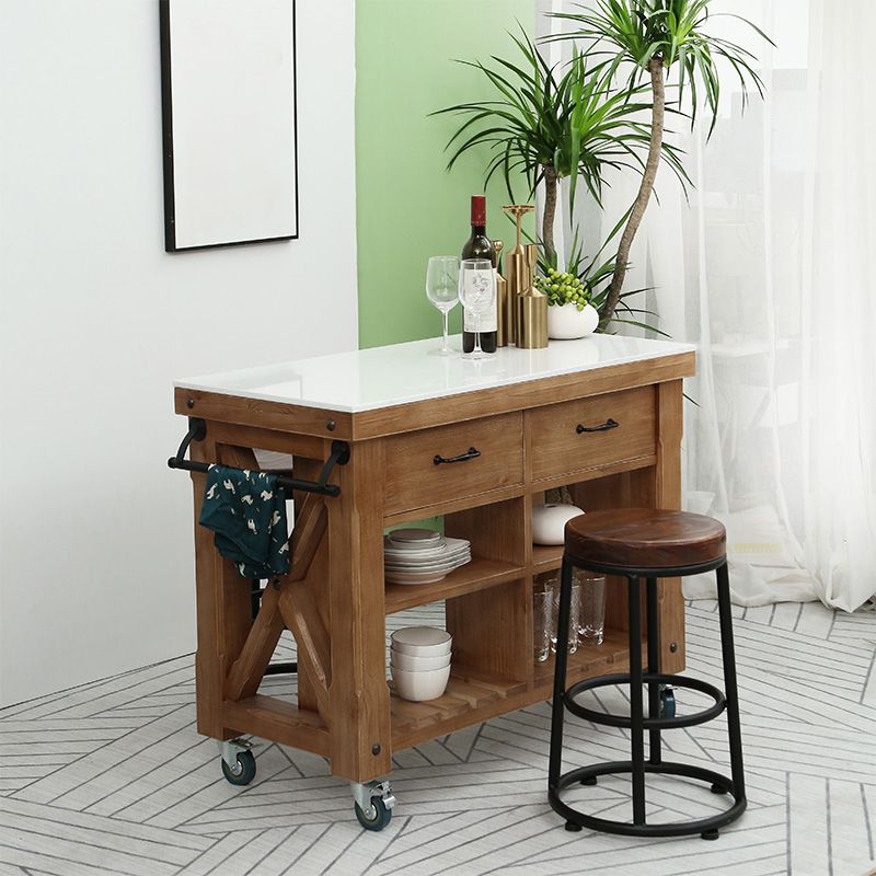 Industrial Stationary Kitchen Cart Wood Rectangular Kitchen Island Cart