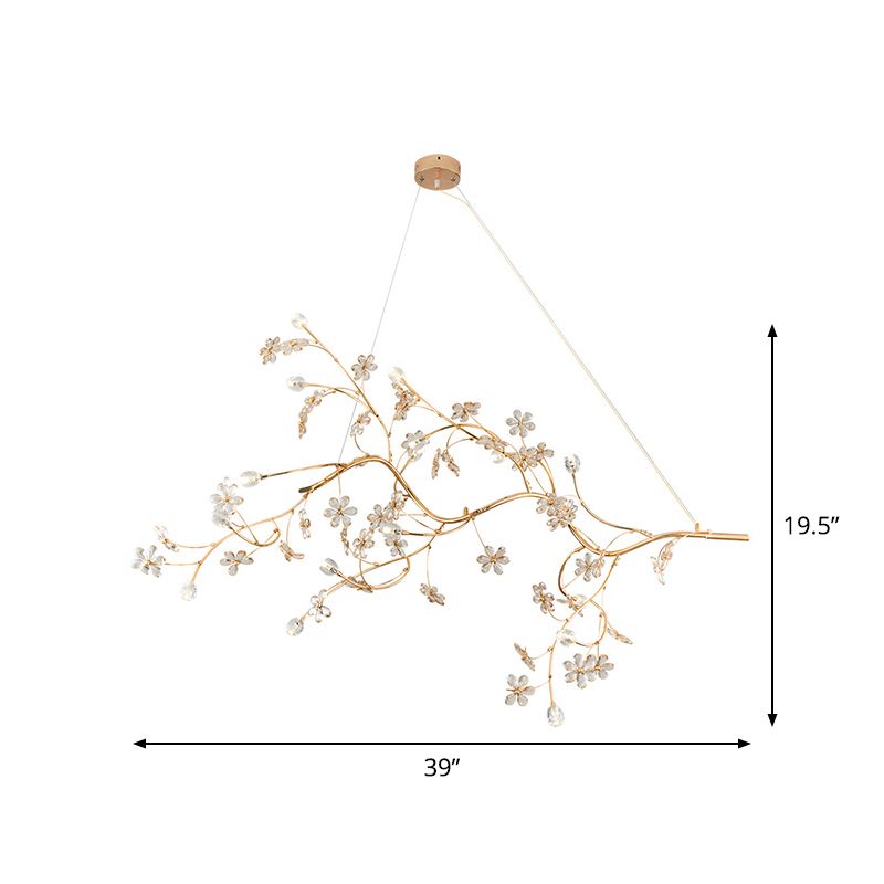 Romantischer Pflaumenbaum -Kronleuchter mit Kristallblume 12 Lichter Metallic -Anhänger Licht in Gold für Cafe