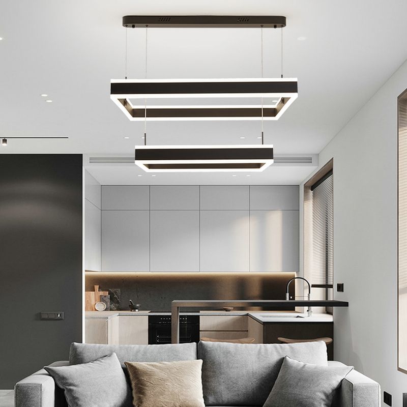 Square LED Chandelier Modern 2-Layer Hanging Pendant Lights with White Acrylic Shade