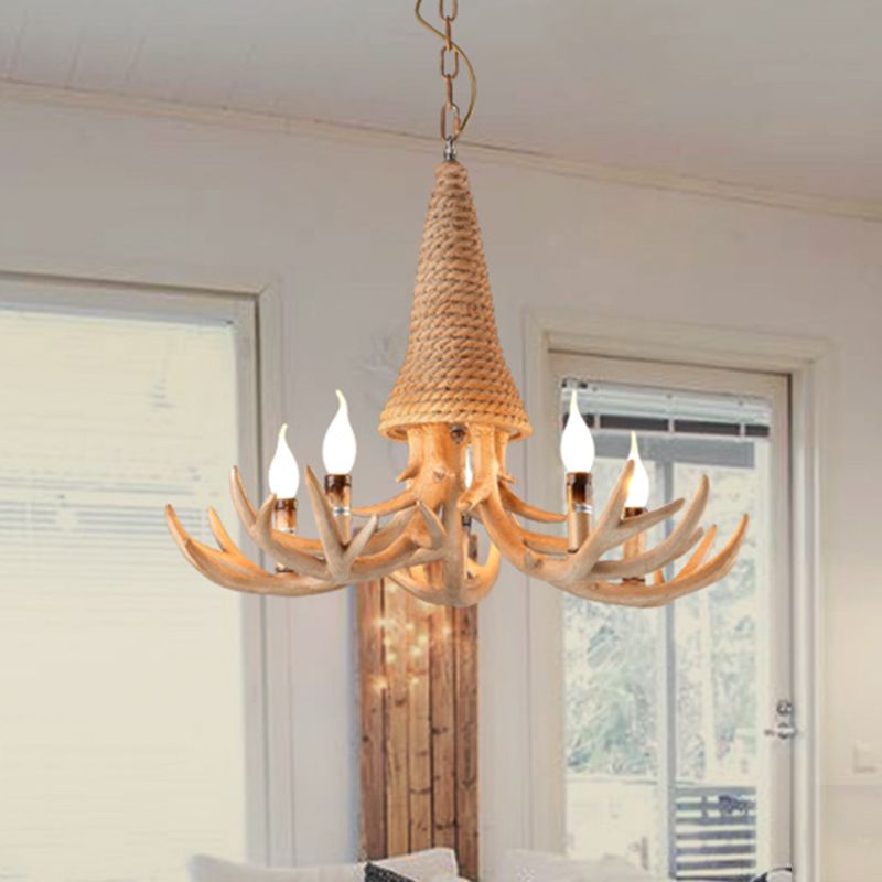 Beige Elk Shaped Chandelier Lamp Traditional Metal and Rope 3/5 Lights Living Room Hanging Light