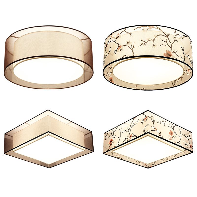 Acrylic Geometric Ceiling Light in Traditional Classic Style Wrought Iron Flush Mount with Flax Fabric Shade