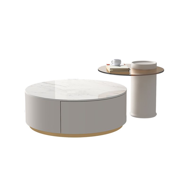 Modern Stone Drum Coffee Table with Storage Dia 31.5" Cocktail Table in Withe