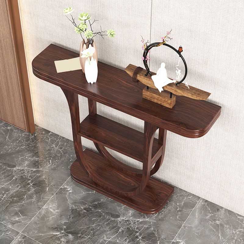 Solid Wood Half Moon Accent Table 2-shelf 33.46" Tall Console Table